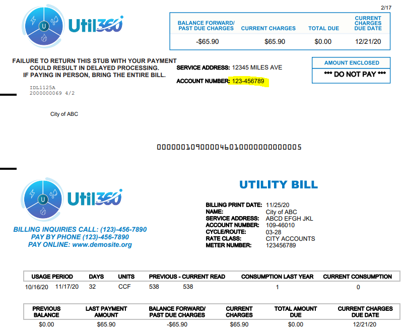 Image of a bill with the account number located in the upper left area